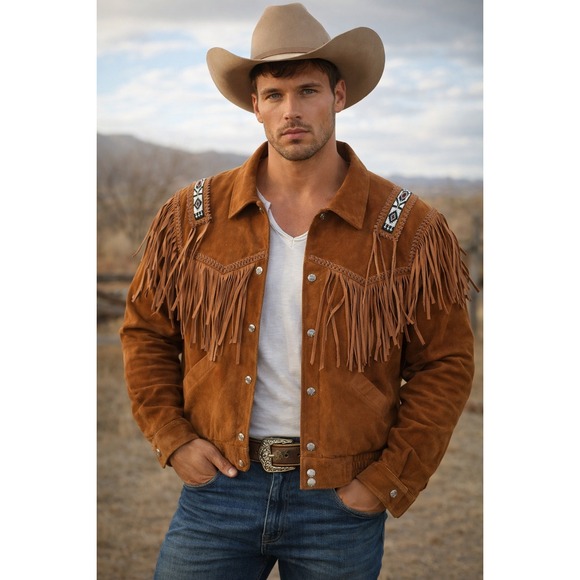 Vtg Scully Leather‎ Brown Fringe Cowboy Jacket Mens 42 Beaded Design Aztec Rodeo